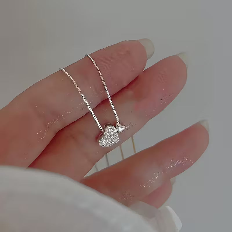 Elegant Double Heart Pendant Necklace for Women with Sparkling Rhinestone Inlay