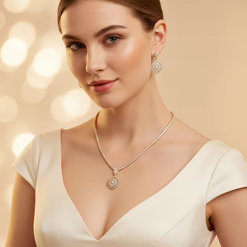 Elegant Guldpläterat Smyckesset med Kubisk Zirkonia - Halsband & Örhängen