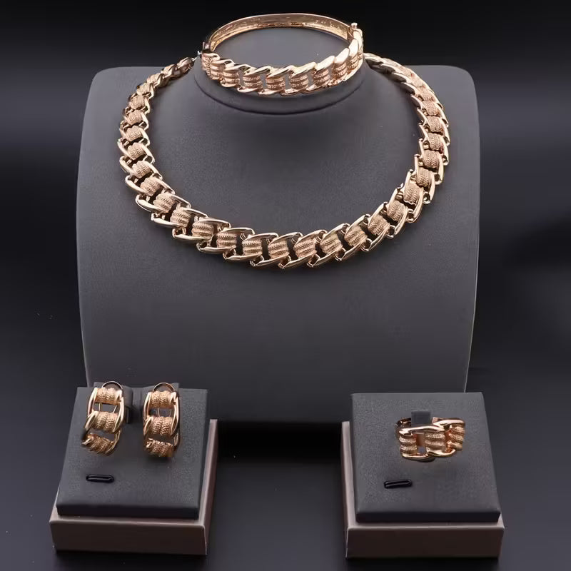 "Panzer" Smyckesset i Roséguldton med Texturerade Länkar - 4 Delar