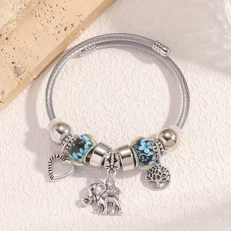 Women’s White Gold-Plated Alloy Bracelet with Elephant, Heart & Tree of Life Charms